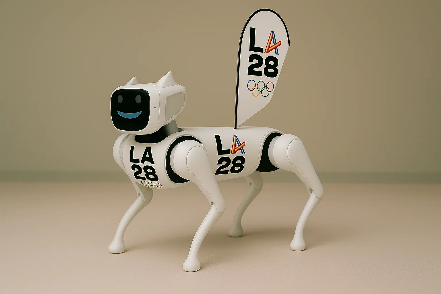 LA 2028 Olympics mascot concept — robotic dog with flag