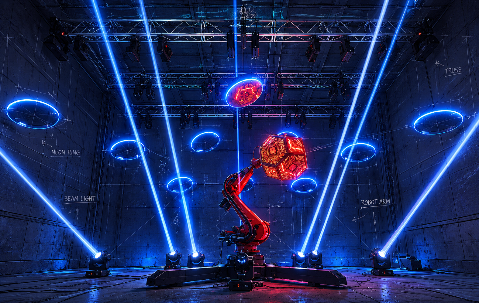 KUKA industrial robot stage with neon rings and beam lights — live show concept