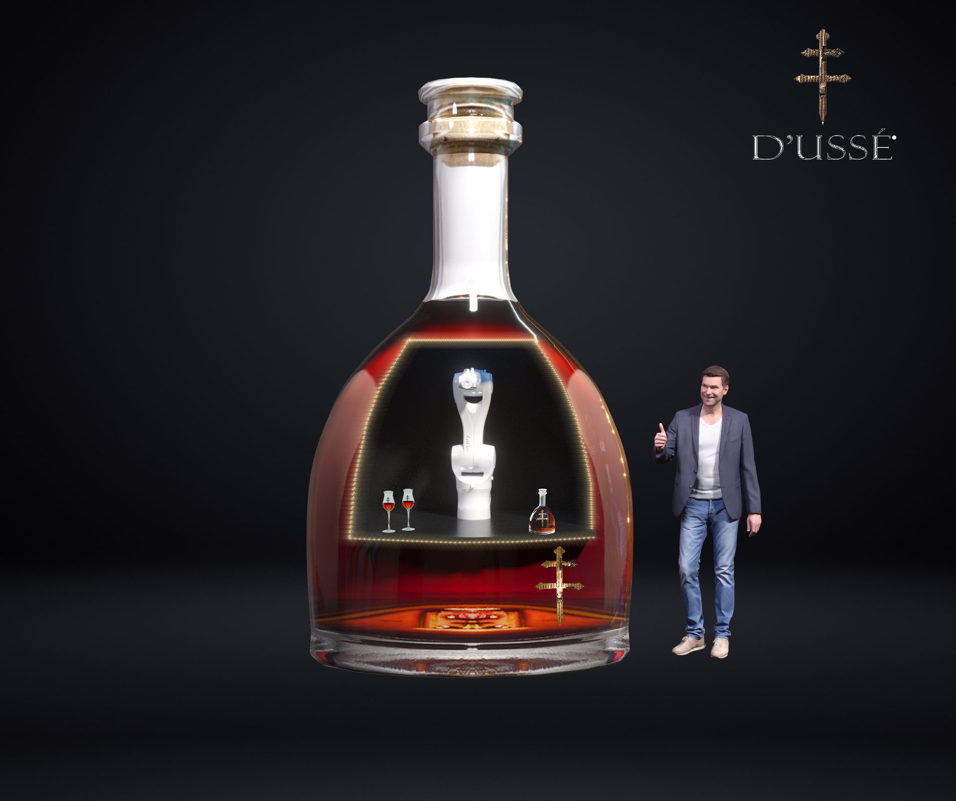 D'USSÉ luxury cognac bottle robotic display — beverage brand concept
