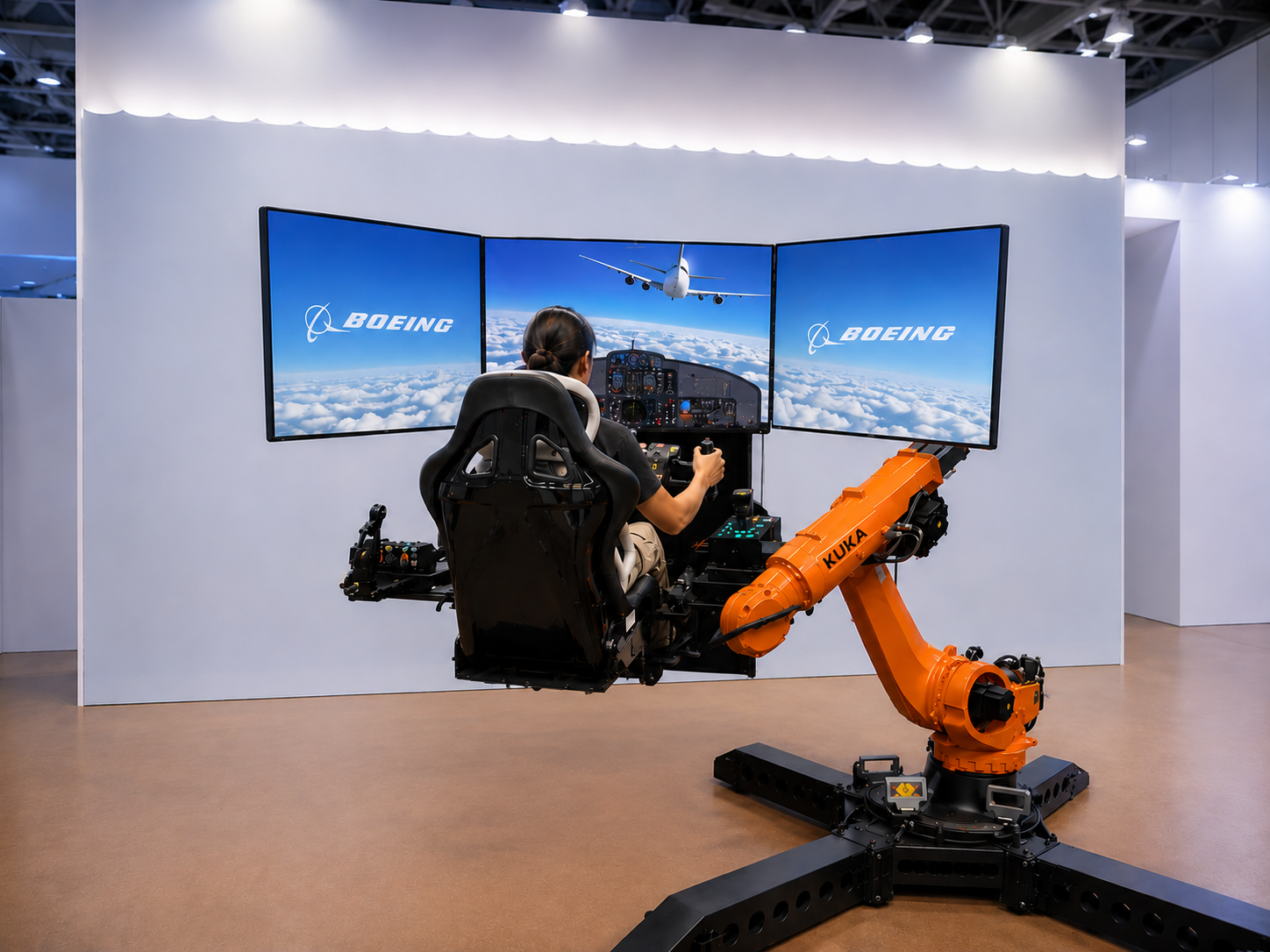 Boeing flight simulator with robotic arm motion base — experiential event concept