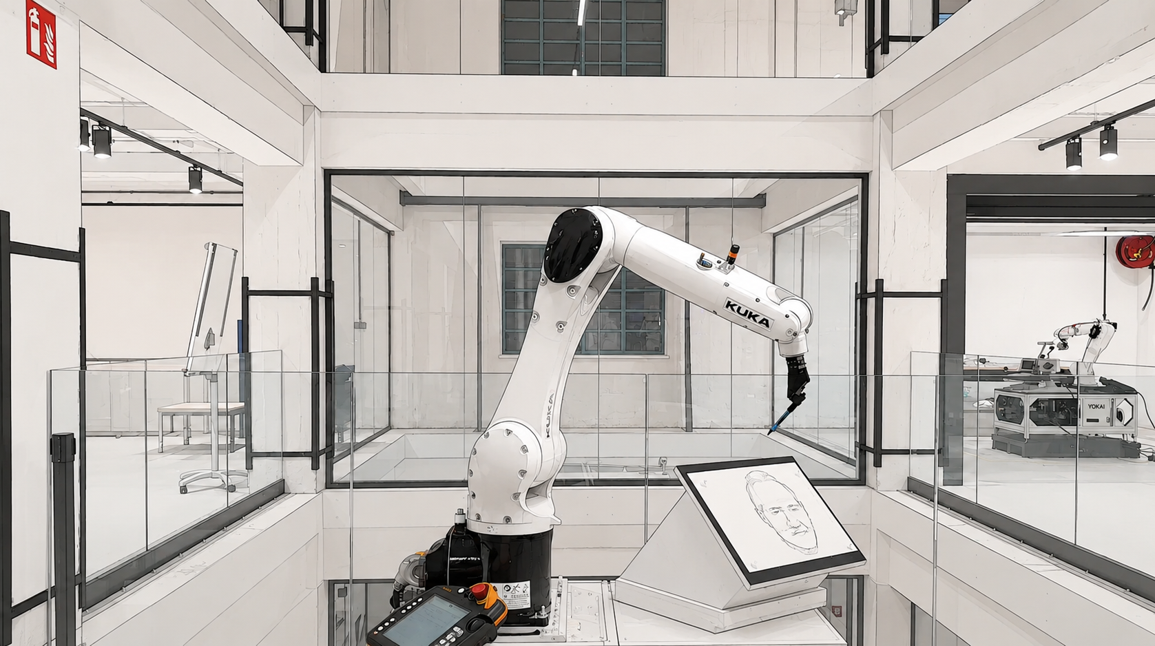 GM matrix-themed robot arm with branded LED cube display