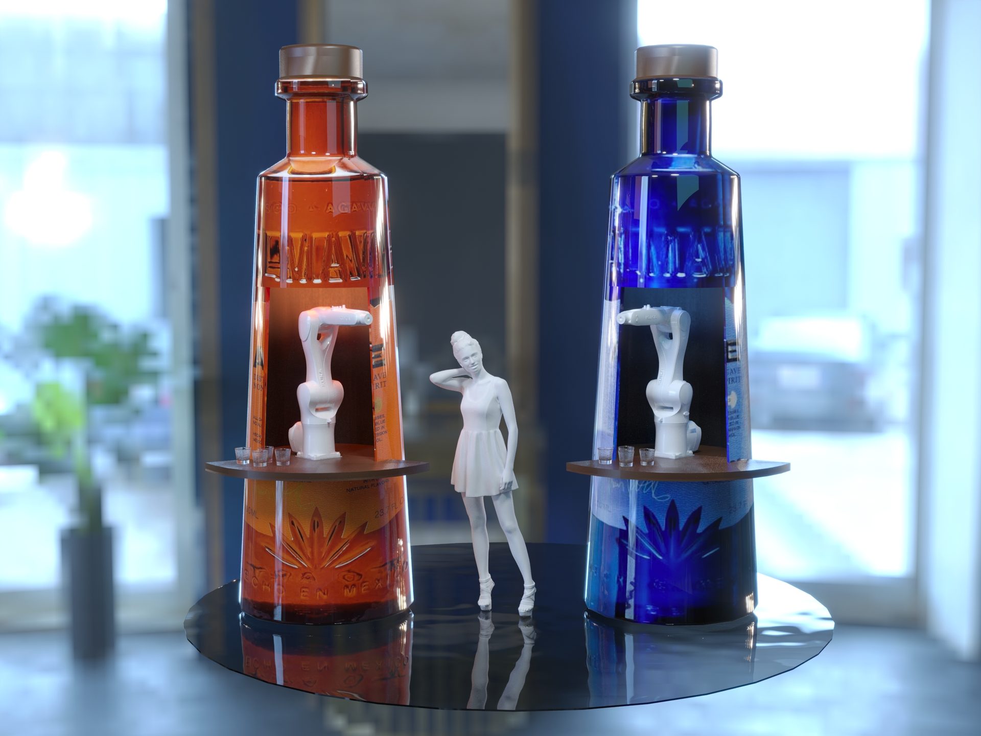 AI female face on dual KUKA robot arm monitors — interactive brand display