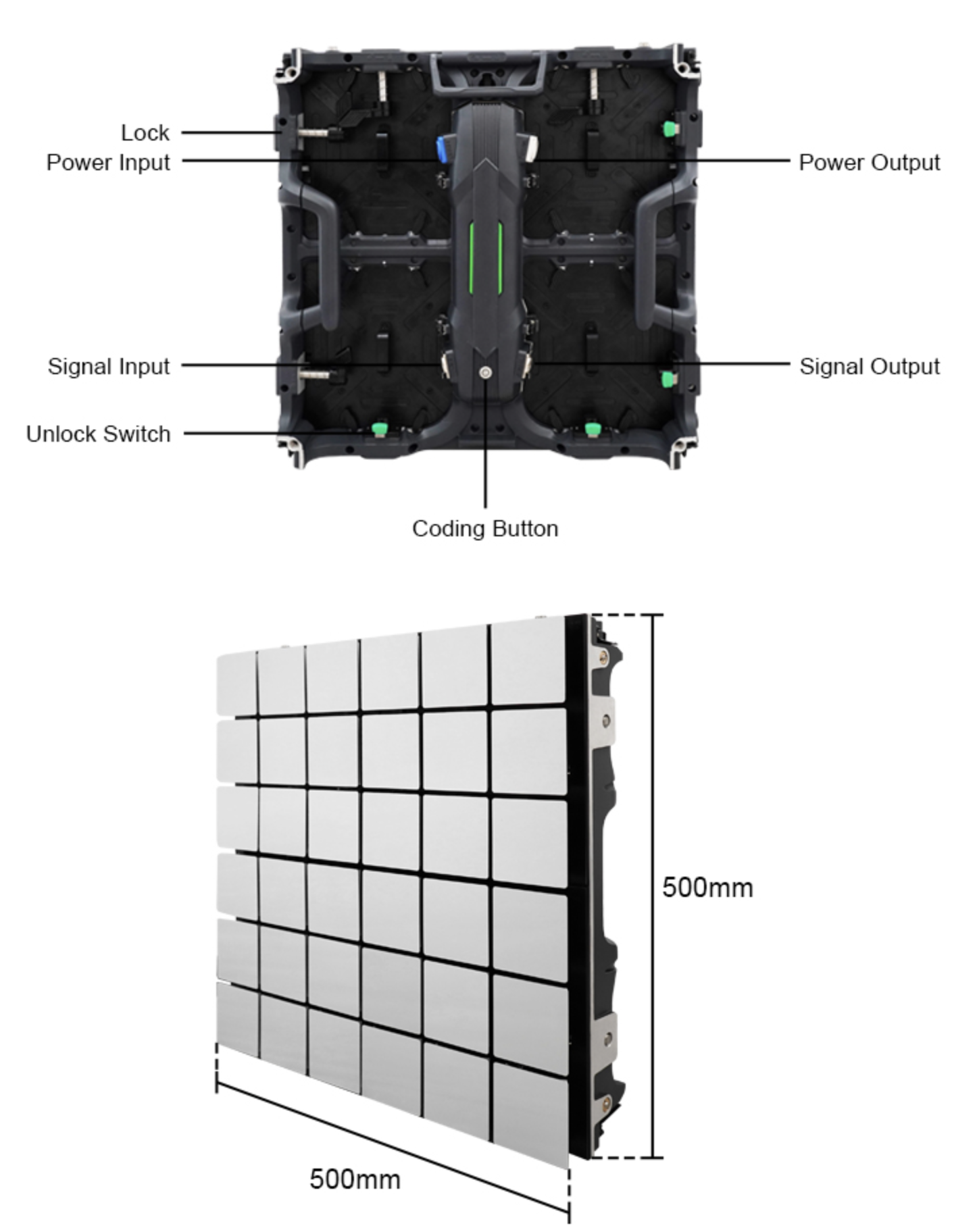 Flip Brick module — 500mm cabinet with Lock, Power Input/Output, Signal Input/Output, Unlock Switch, Coding Button