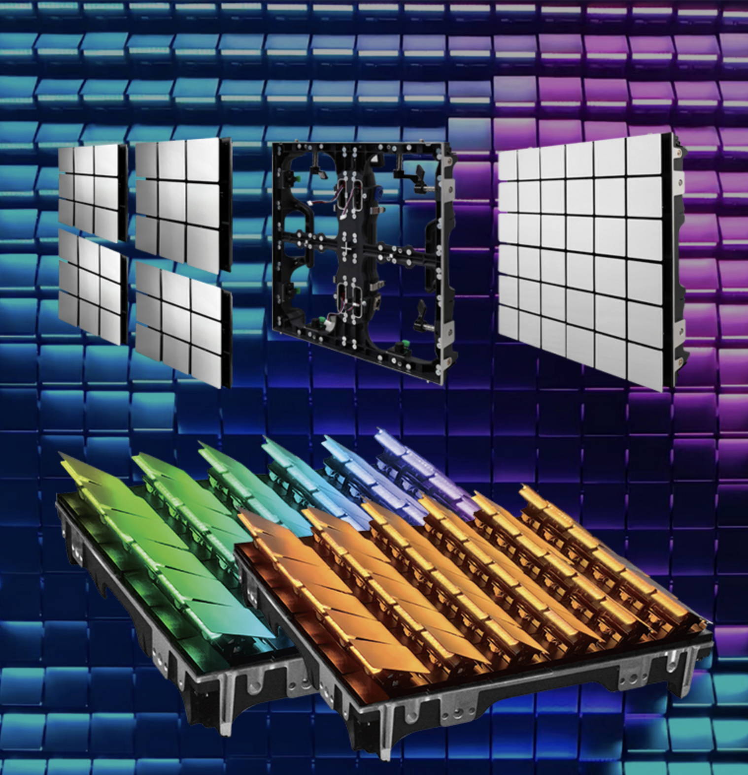 Flip Brick LED panels — multicolor installation view with magenta and amber modules
