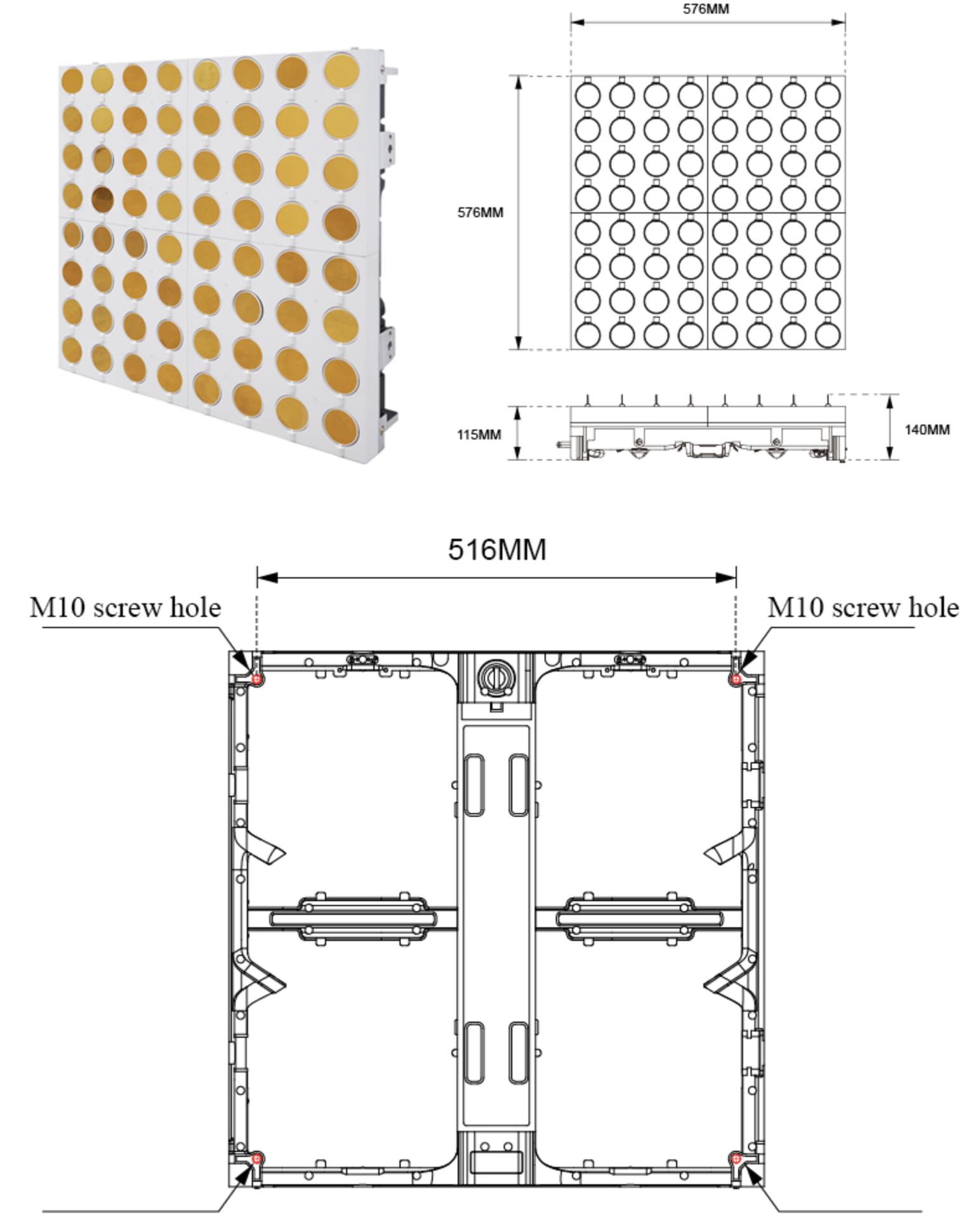 Infinity Matrix Screen — 576mm pixel cabinet + 516mm M10 screw hole mechanical diagram