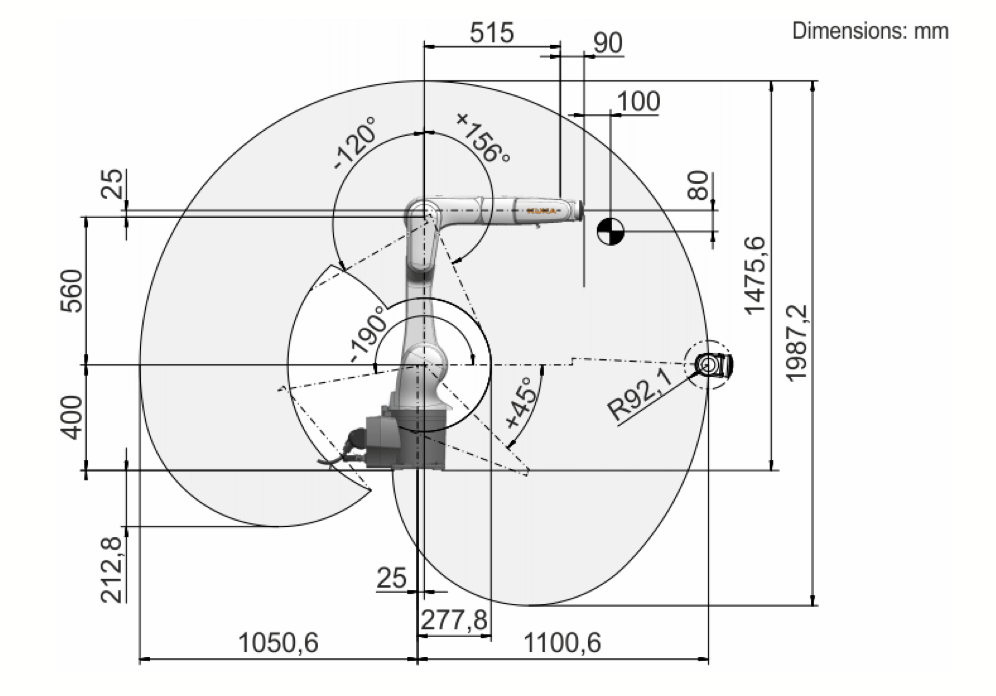 KUKA Agilus KR 10 R1100-2 reach envelope dimensions diagram (mm)