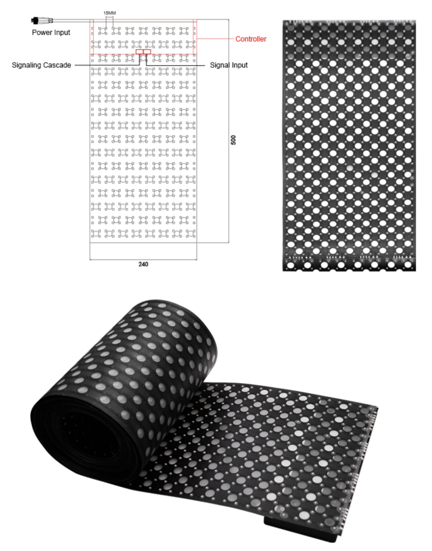 LED Flexible Screen — wiring diagram with Power Input, Controller, Signal Cascade, Signal Input + dot panel + roll-up strip