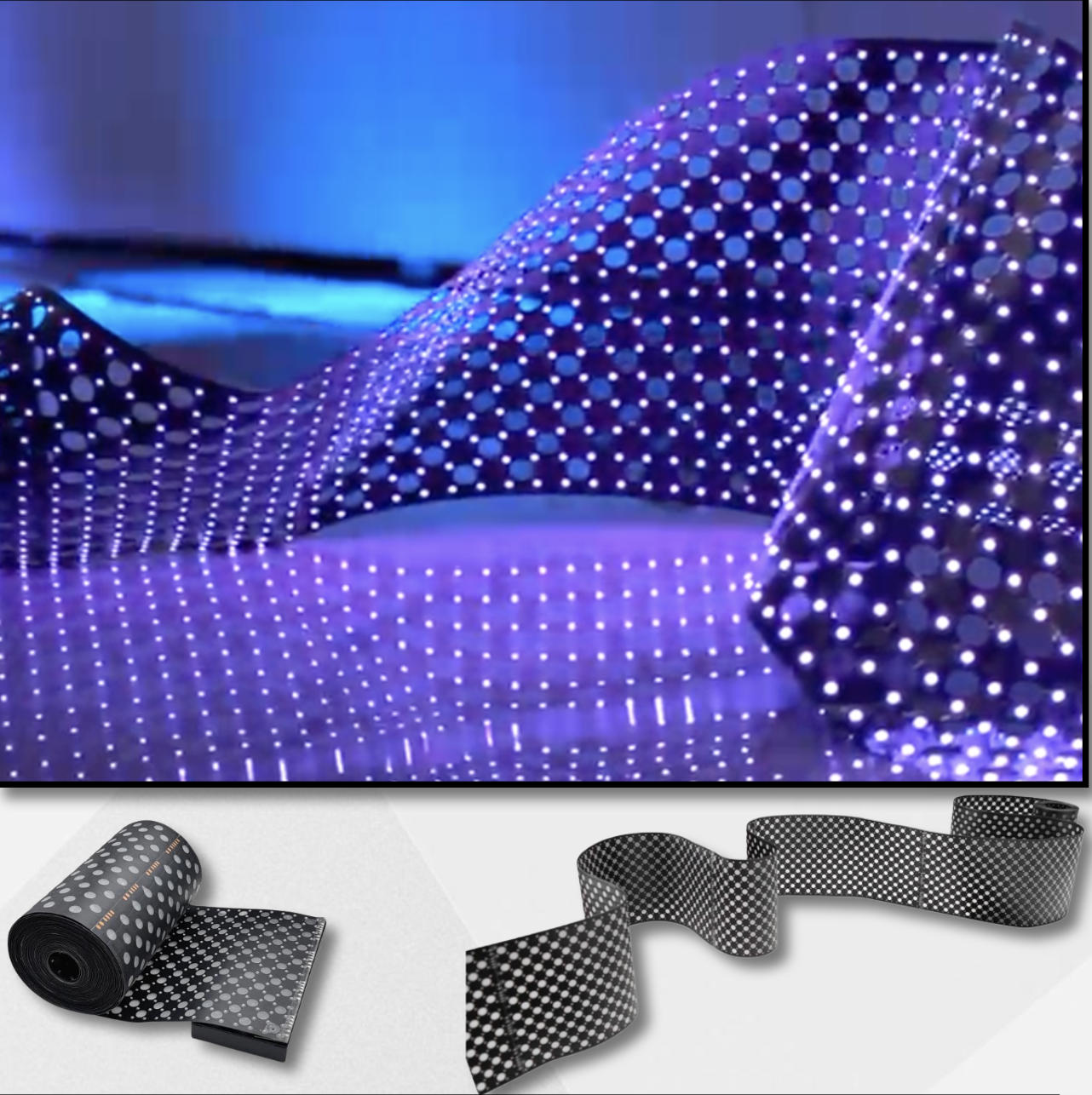 LED Flexible Screen — purple wave installation in motion + flexible roll product photos