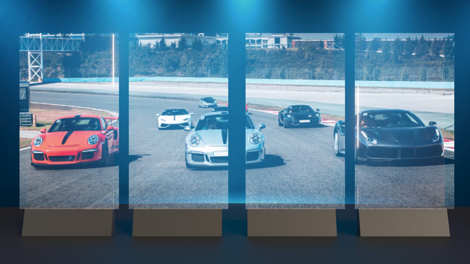 Transparent LED screen showcase — supercars displayed through see-through panels