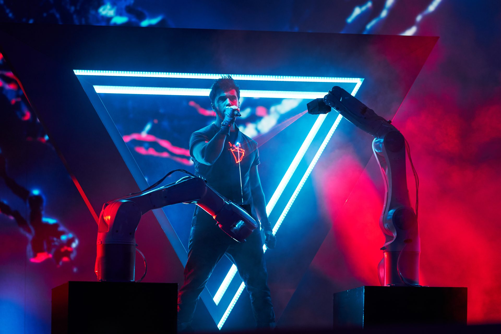 Interactive LED wall — dancer touching red pixels