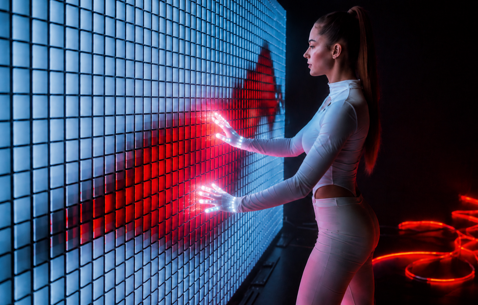 Performer climbing a grid wall — robotic show production